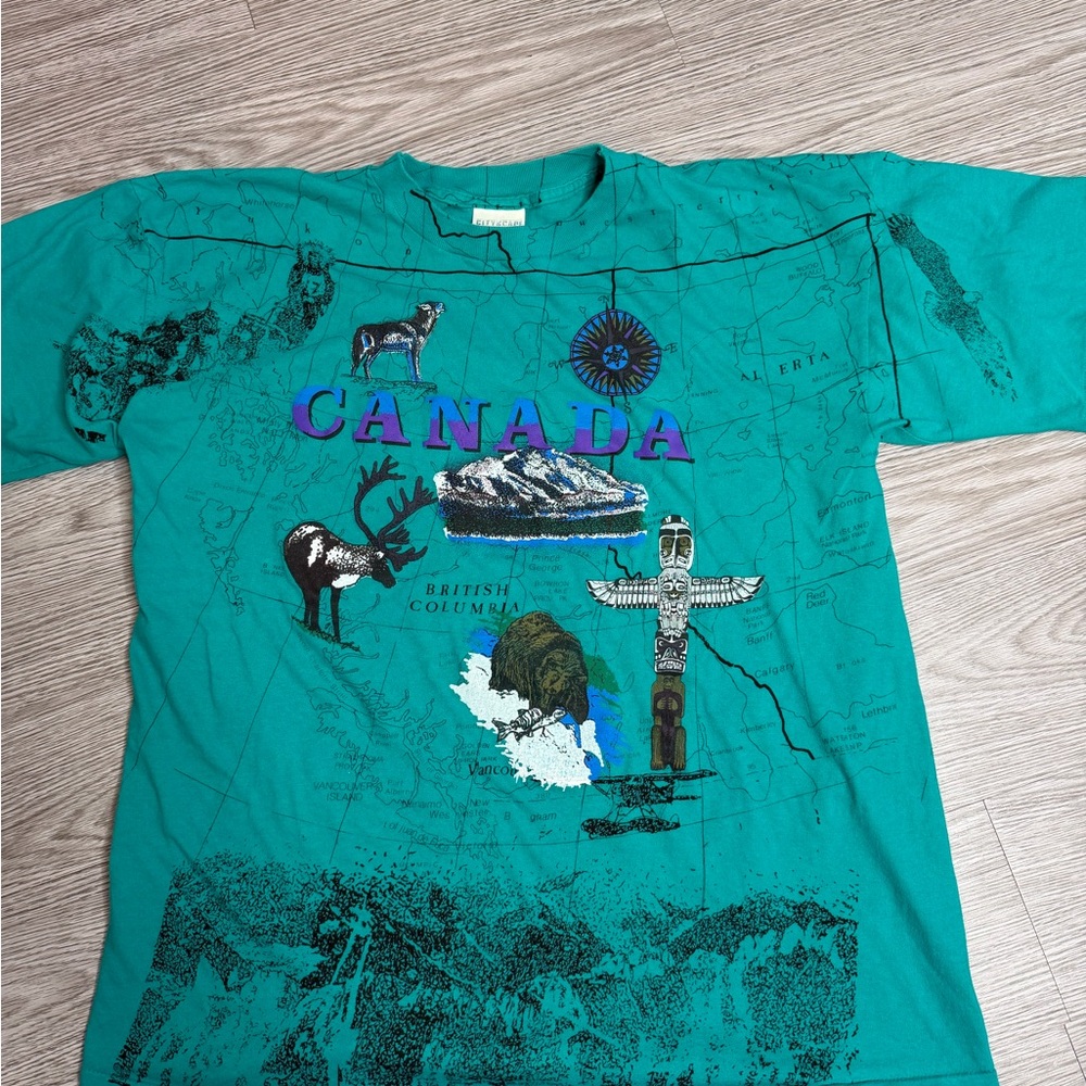 Vintage Canada AOP Map Animals Nature Mens Sz XL Cityscape All Over T Shirt